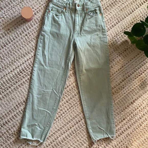 Mint green retro mom jeans. Size 00, rose gold detailing, frayed bottoms. - Picture 5 of 6